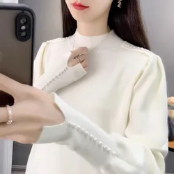 Autumn Winter Puff Sleeve Shoulder Multiple Pearls Design Half Height Collar Straight Pullovers Cuffs Split Fork Sweaters Loose