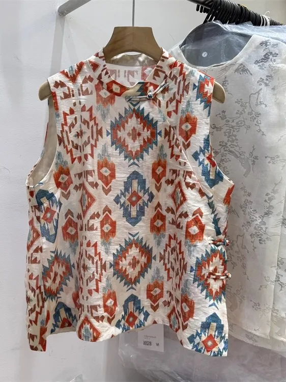 

Новая женская рубашка в китайском стиле с воротником-стойкой и пуговицами, приталенная, с принтом, из смесового хлопка и льна, летняя, модная