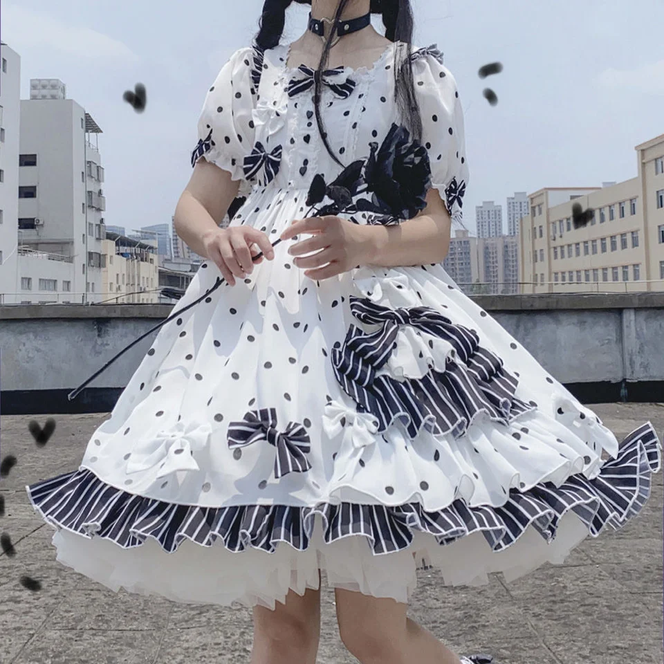 Vestido Lolita de manga corta con estampado de lunares, ropa suave de estilo gótico Harujuku, para uso diario, edición de verano