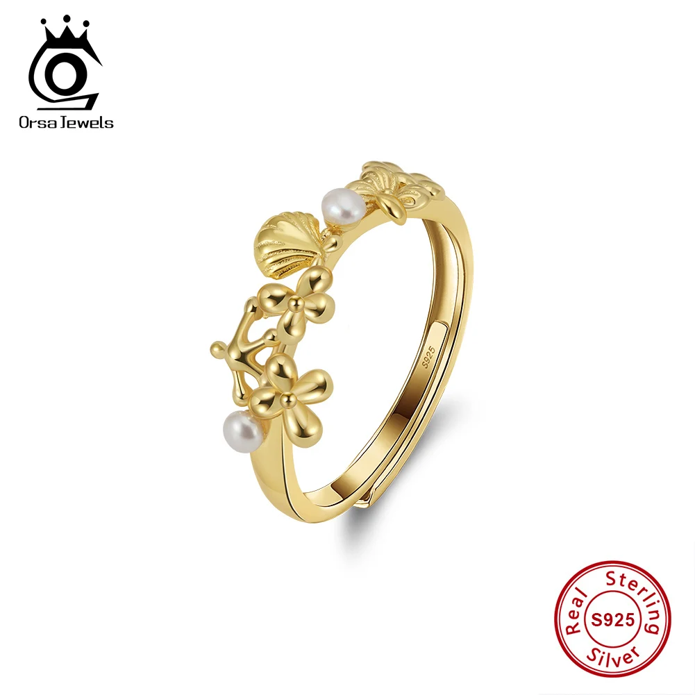 

ORSA JEWELS 925 Silver Freshwater Pearl Charm Ring Adjustable Birthday Flower Ring Female Shell Shaped Versatile Jewelry GPR24