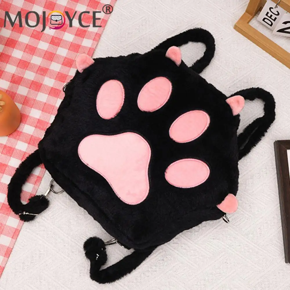 Cute Cat Paw Plush Backpack with Adjustable Straps Soft Furry Purse JK Girls Bag Cartoon Backpack for Women Girls