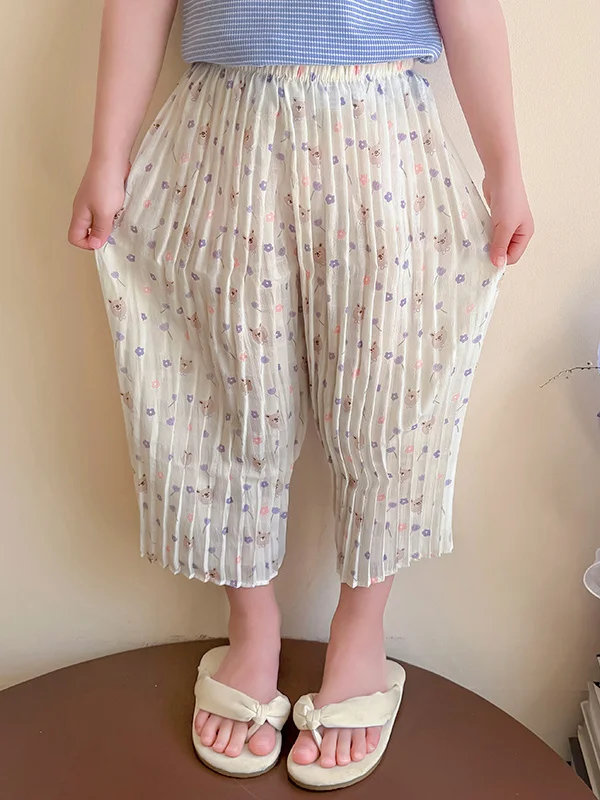 女の子夏用軽量防蚊パンツ花柄シフォンルーズアイスシルクストレートレッグパンツソフトで快適な子供服