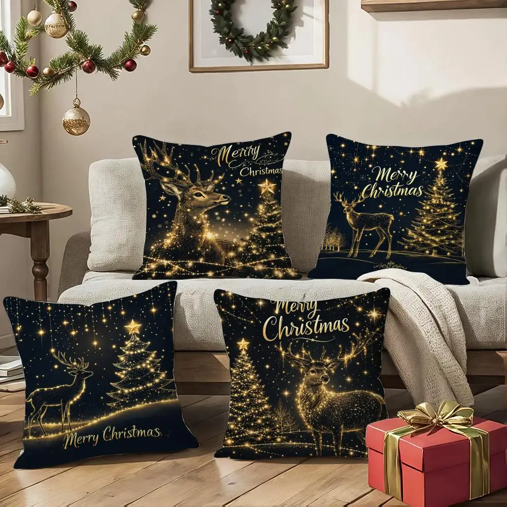 Midnight Gilded Noel Cushion Cover 1/4Pcs Soft Plush Cushion Case Throw Pillowcase Cozy Home Sofa Bed Living Room Decor