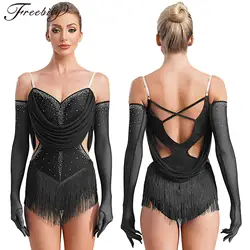 Women Latin Dance Dress Figure Skating Cha-cha Samba Tango Ballroom Costume Sleeveless Rhinestones Tassel Bodysuit with Gloves