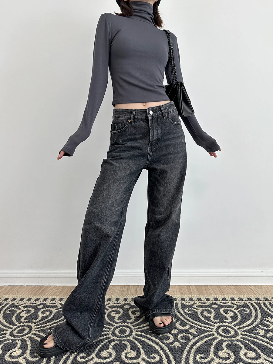 

VANZOVIVILLY High Waist Bla Straight Leg Jeans Women's Loose Casual Floor-Length Cotton Denim Jeans Waed Effect