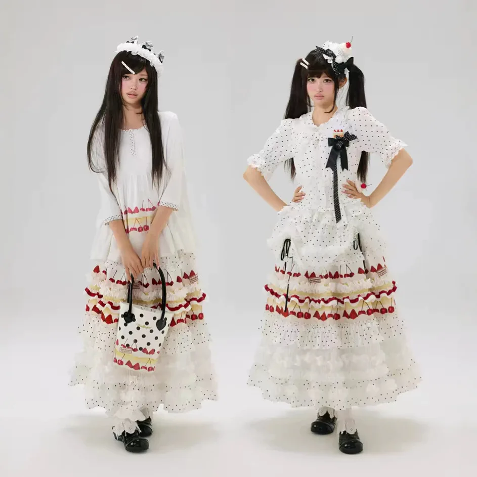 Vintage Mori Girl Lolita Mehrschichtiger Rüschen-Maxirock für Damen, Kawaii Süßer Niedlicher Polka-Dot-Schleifenrock in Mintgrün, A-Linie, Langer Rock