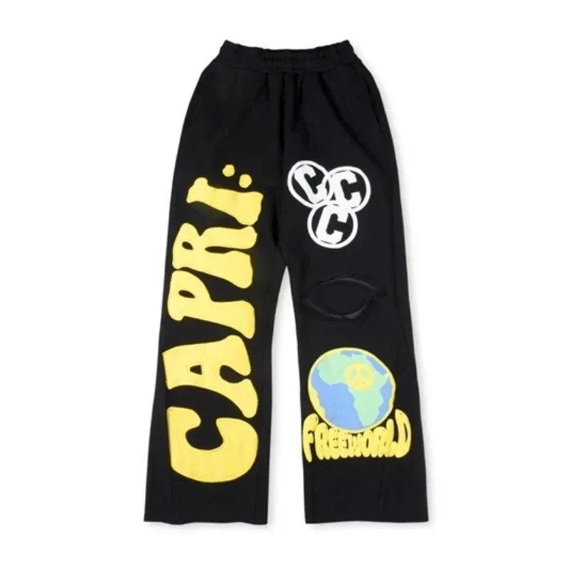 

24ss Oversized Foam Printing Men Pants Women 1:1 Best Quality Black Pure Cotton Drawstring Sports Pants