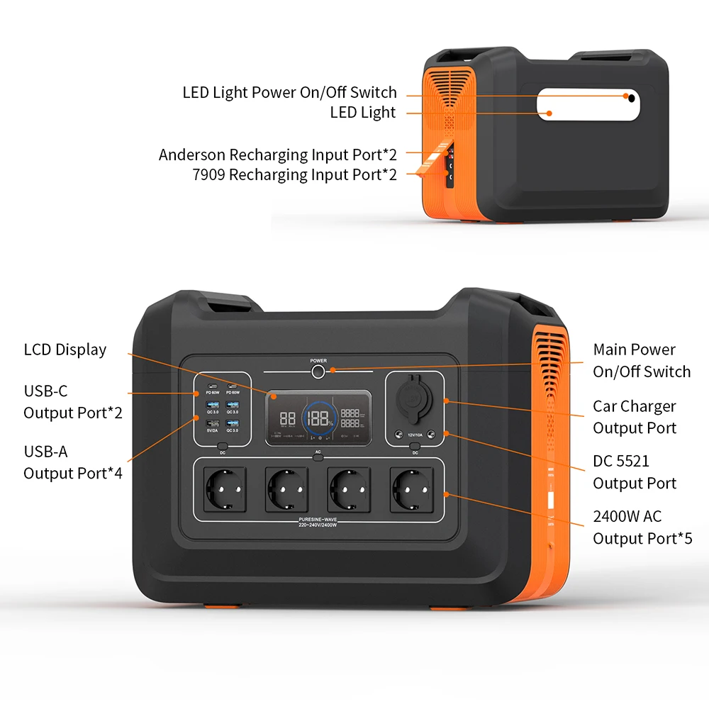2400W Powerstation LiFePO4 Solar Generator 230V EU Plug Portable Power Station For Emergency