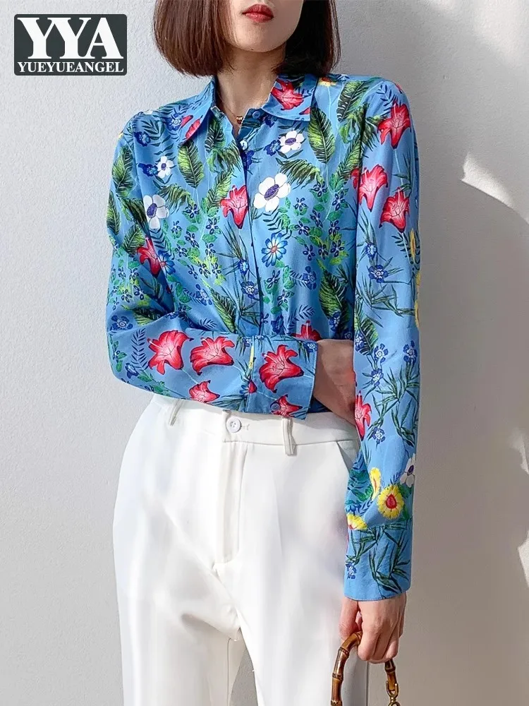 

Women Spring New Floral Printed High Quality Real Silk Shirt Office Ladies Single Breasted Long Sleeve Tops Vintage Work Shirts