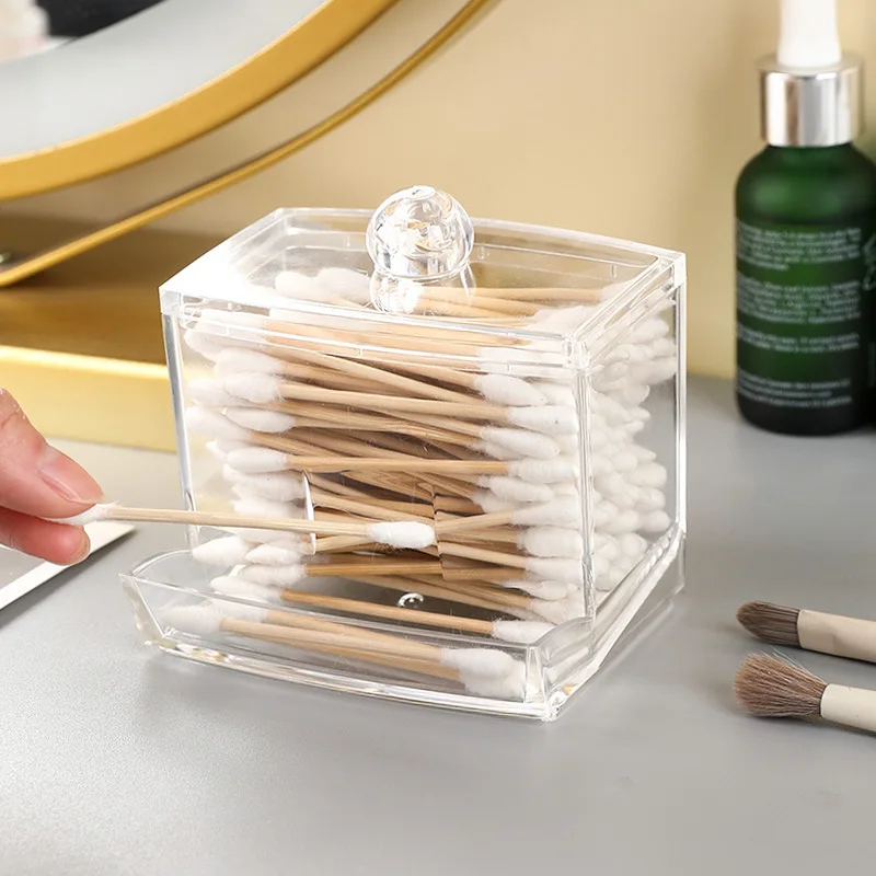 Square Transparent Cotton Swab Storage Box with Bamboo Lid, Double Head Cotton Buds & Toothpick Organizer Container