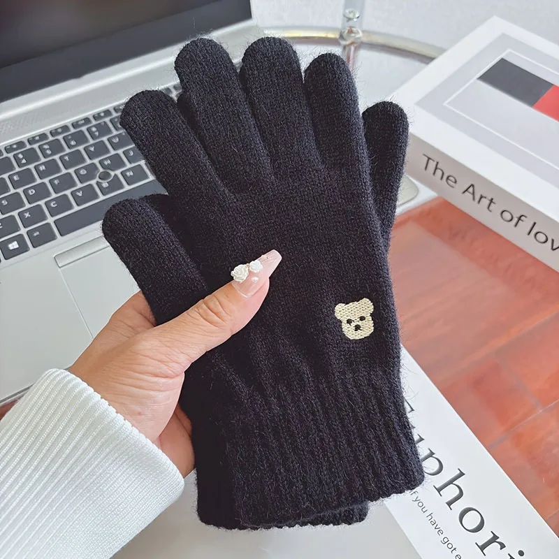New Autumn/Winter Unisex Solid Color Gloves Cute Bear Fleece Knit Split-Finger Touchscreen Gloves with Exposed Fingers
