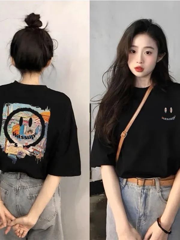 

Pure Cotton Smile Print ort Sve T-irt Bla Korean Sle Loose Fit Slimming f Sve Top for Women Summer Wear