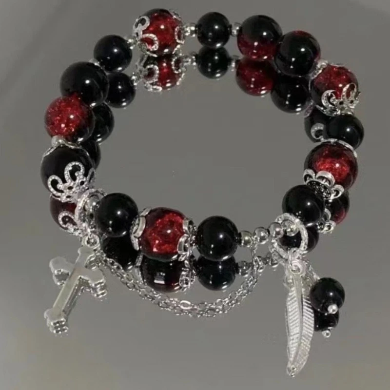 

Vintage Black Red Glass Ball Beaded Bracelet Women's Creative Feather Cross Chain Tassel Bracelet Holiday Party Jewellery Gifts