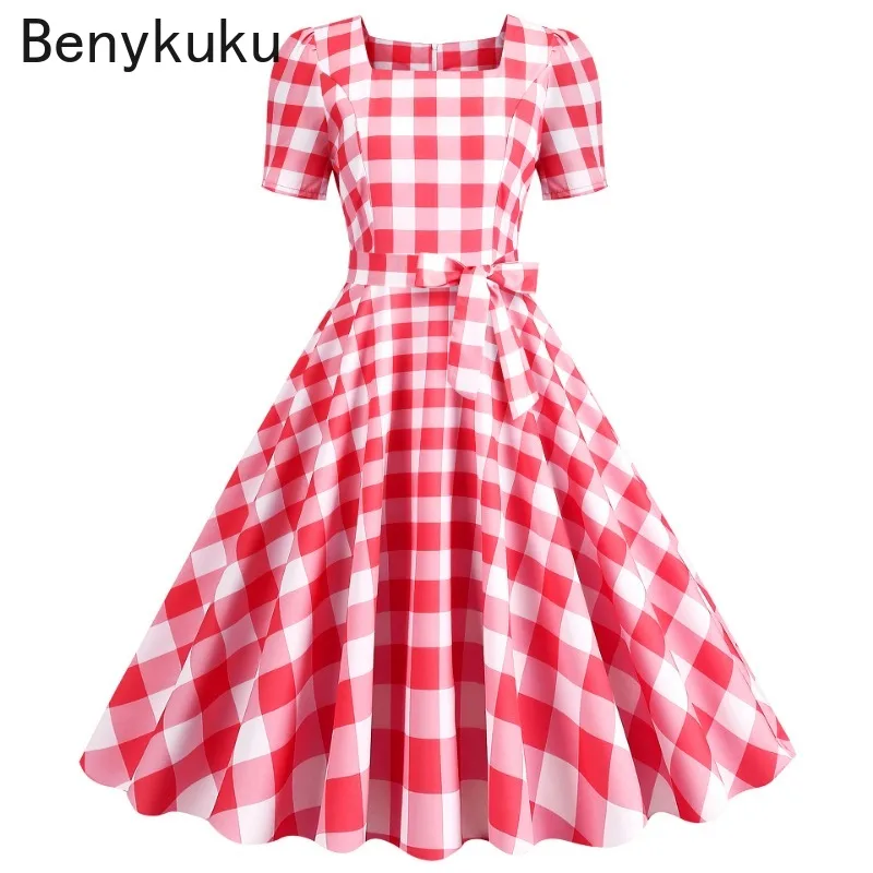 Red Square Collar Retro Short Sleeve Summer Clothes 2026 Audrey Hepburn 50s 60s Vintage Pin Up Rockabilly Dress Women Clothing