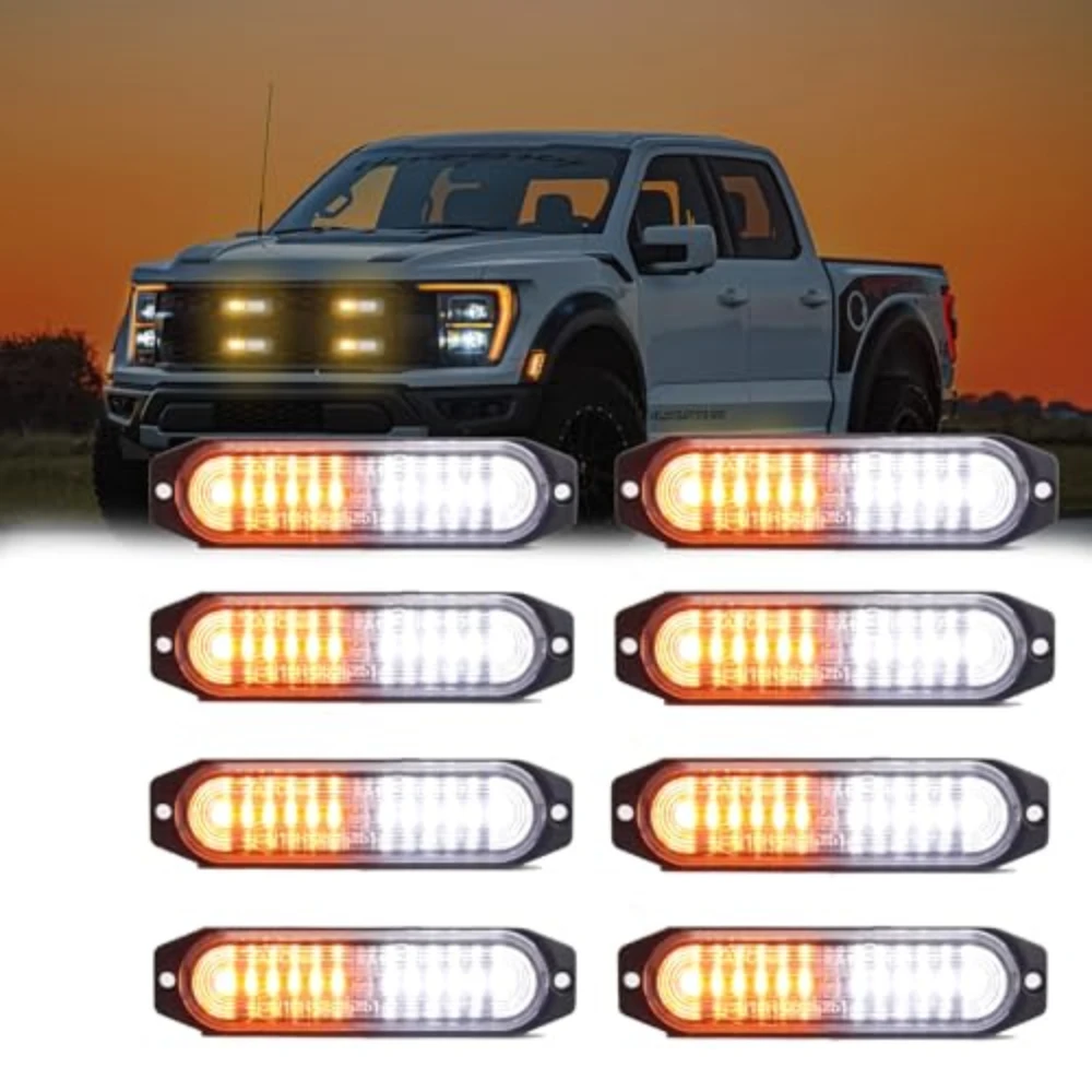 

EYPINS 8PCS 12-LED Amber/White Emergency Strobe Lights, 22 Flash Patterns with Sync & Memory Warning Lights for 12V-24V Trucks