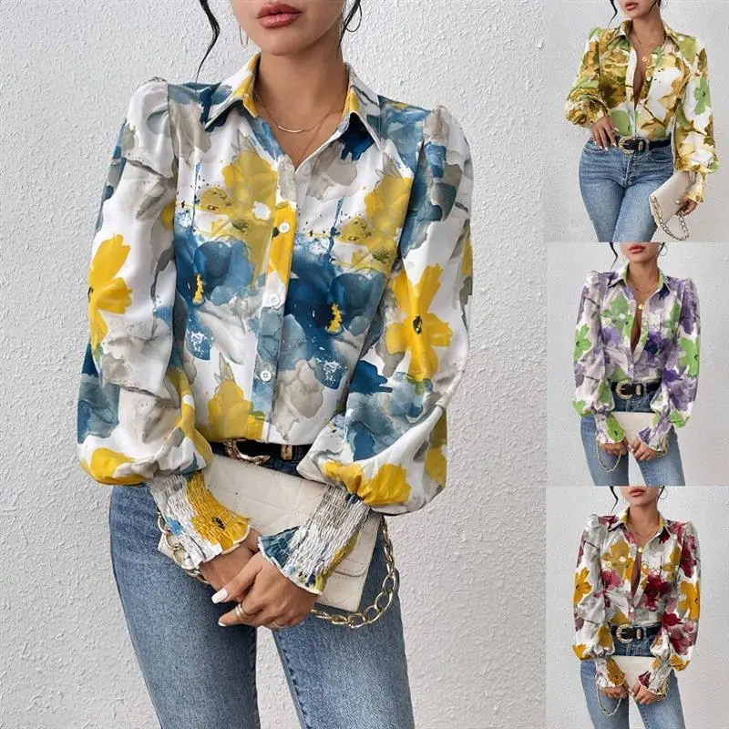 

Loose Printed irt with Puff Sves Casual Sle Women's Summer Faion Plant Floral Pattern Long Sve Collared Top