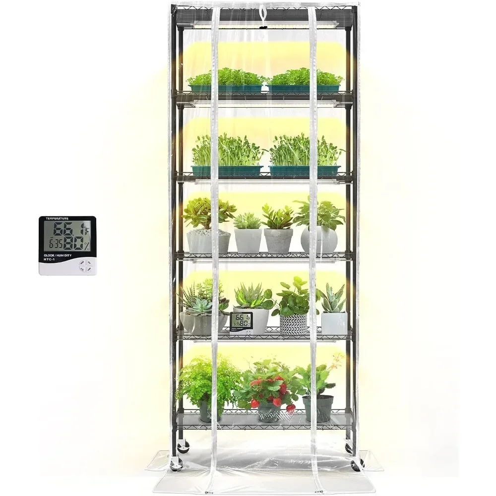 

Plant Shelf with Grow Light, Grow Light Shelf with Cover and Thermometer, 6 Tier Plant Stand,Greenhouse with 150W Led Grow Light