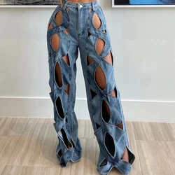 2024 Spring Hollow Out Jeans For Women High Waist Patchwork Zipper Casual Wide Leg Pants Female Fashion Clothing New