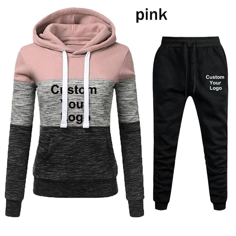 Trendy Custom Your Logo Women Casual Three-color Stitching Sweatsuit Pullover Sweatshirt Pants Two-piece Set