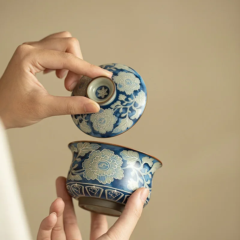 Imitation Song Ru kiln Yuan blue and white cover bowl large pot bearing retro ceramic tea set