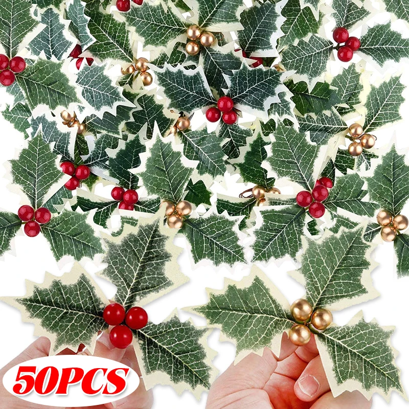 5-50pcs Christmas Holly Berries with Green Leaves DIY Wreath Artificial Fake Flowers Red Berry Decoration For Xmas Tree New Year