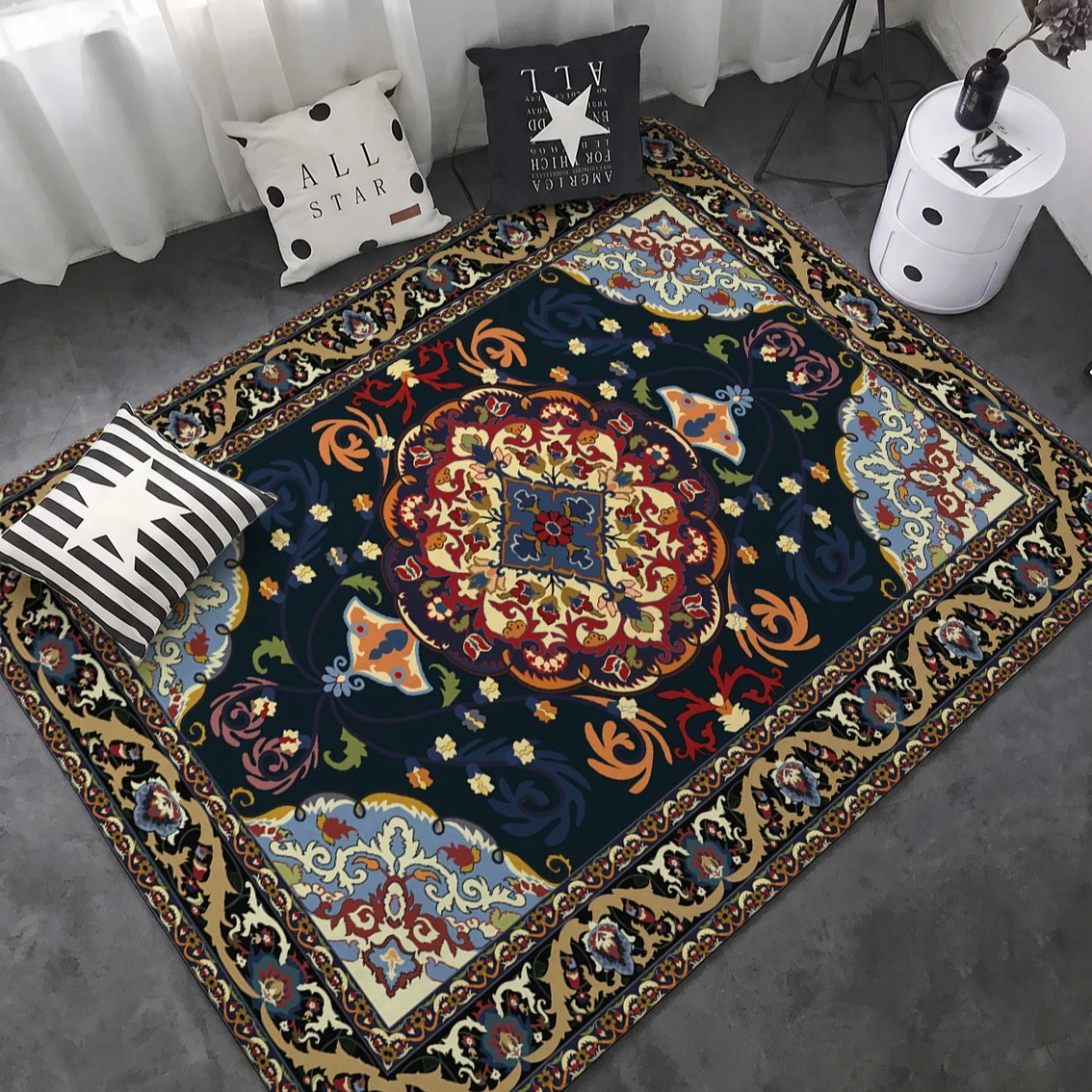 Soft Flannel Living Room Rug Dark Blue Mandala Area Rug Vintage Persian Non Slip Bedroom Carpet Large Washable Home Decor Mat