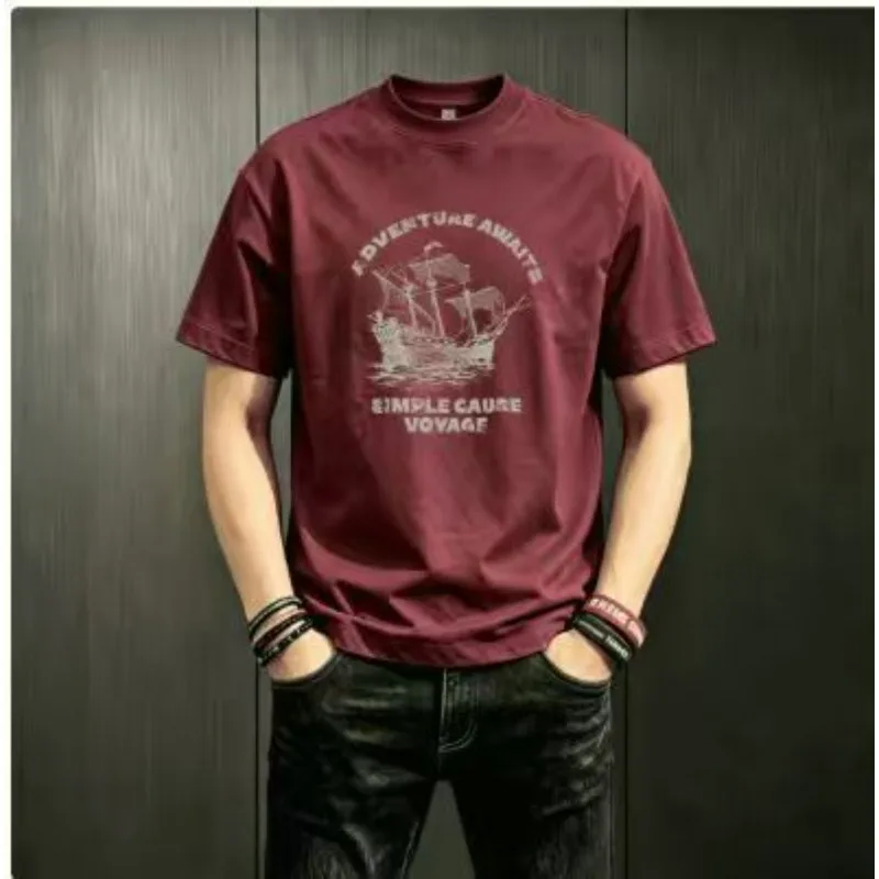 Retro Trend Creative Sailboat Print Casual Men's Women's Loose Pure Cotton Cool Stylish Heavy Round-neck Short-sleeved T-shirt