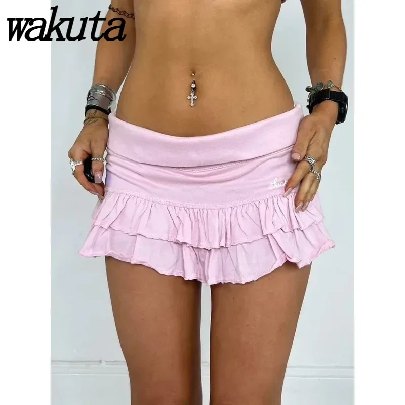 

WAKUTA Sweet Solid Pleated Super Mini Skirt Preppy Atyle Sexy Slim Low-Waisted Skirts Women 2024 Summer Fashion Streetwear Lady