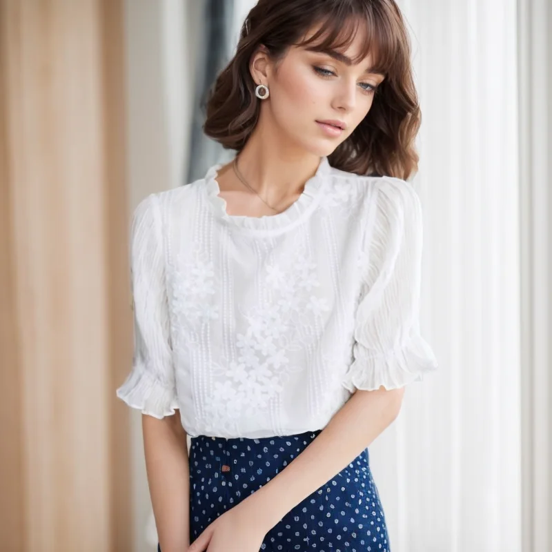 Short Sleeve Embroidery Chiffon Women Blouse Casual Elegant White Stand Collar Tops Summer Hollow Out Shirt