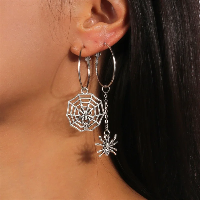 Best-Selling Halloween Series Earrings, Gothic Punk Style, Exaggerated Skull And Spider Web Stud Earrings For Women