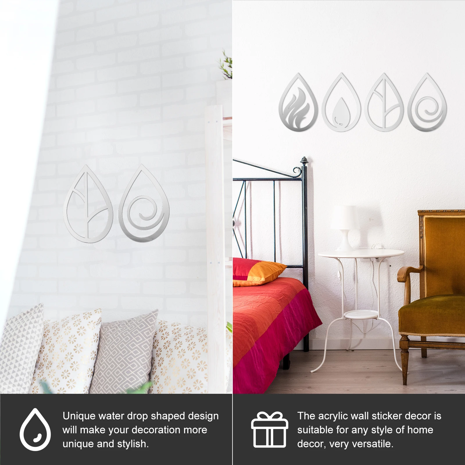 

4Pcs Acrylic Wall Sticker Water Drop Design Decorative Decals Bedroom Living Room Office Household Wall Ornament Home Decoration