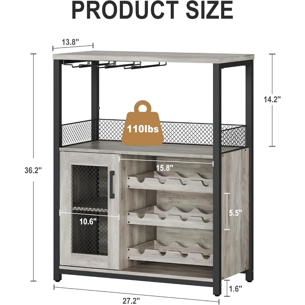 Mobile da bar per vino e caffè illuminato a LED con ripiani regolabili e anta in rete, 36 pollici di altezza