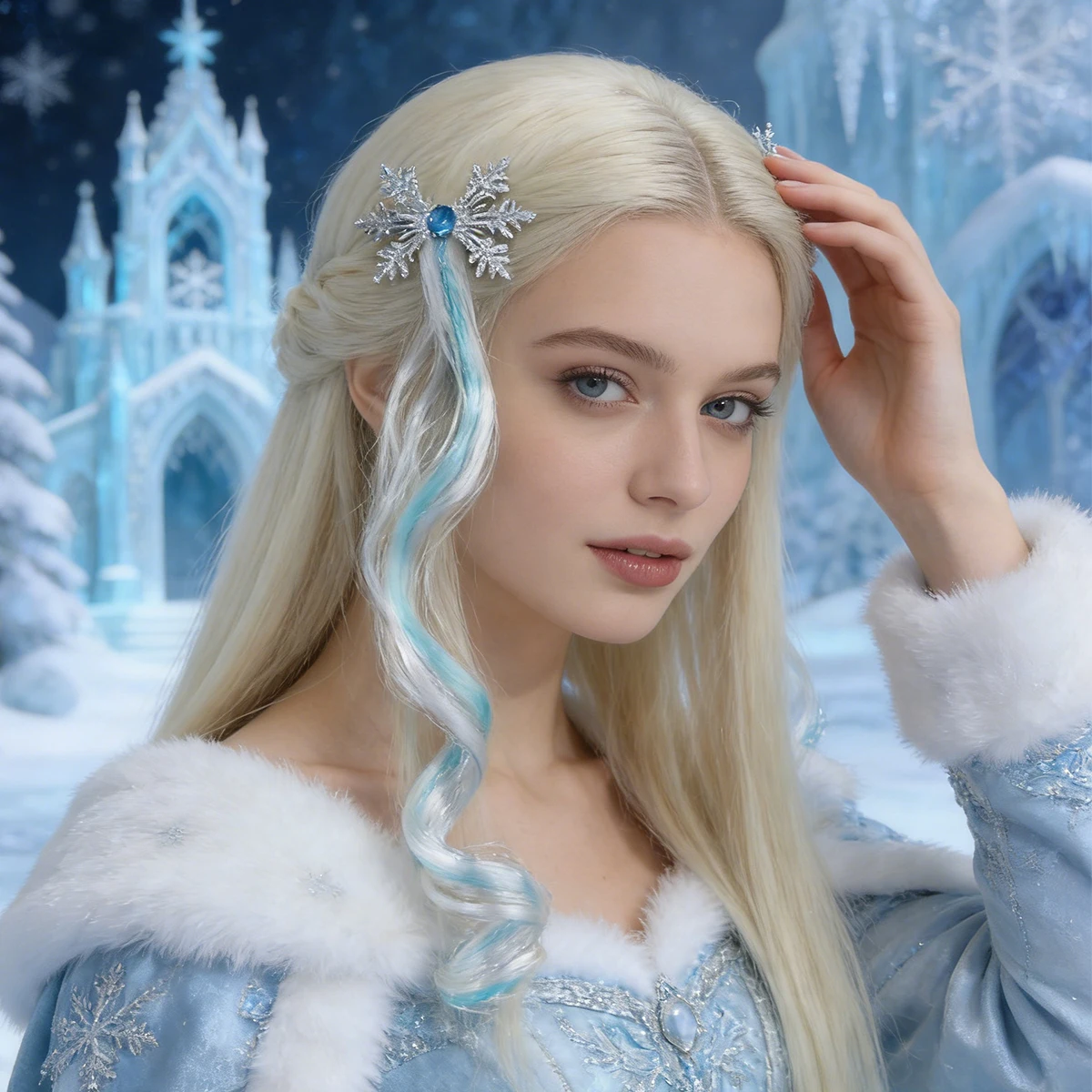 

Заколка для волос для парика с кристаллами снежинки - сине-белая переливающаяся заколка для волос с градиентными завитками, аксессуар для ежедневного укладки наряда