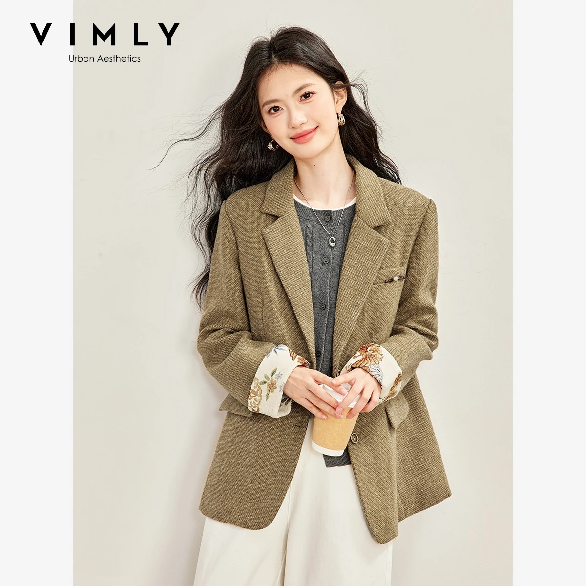 VIMLY Old Money Style Khaki Blazer for Women 2026 Winter New Color Block Cuff Quilted Thick Wool Coat Office Lady Jacket 31933