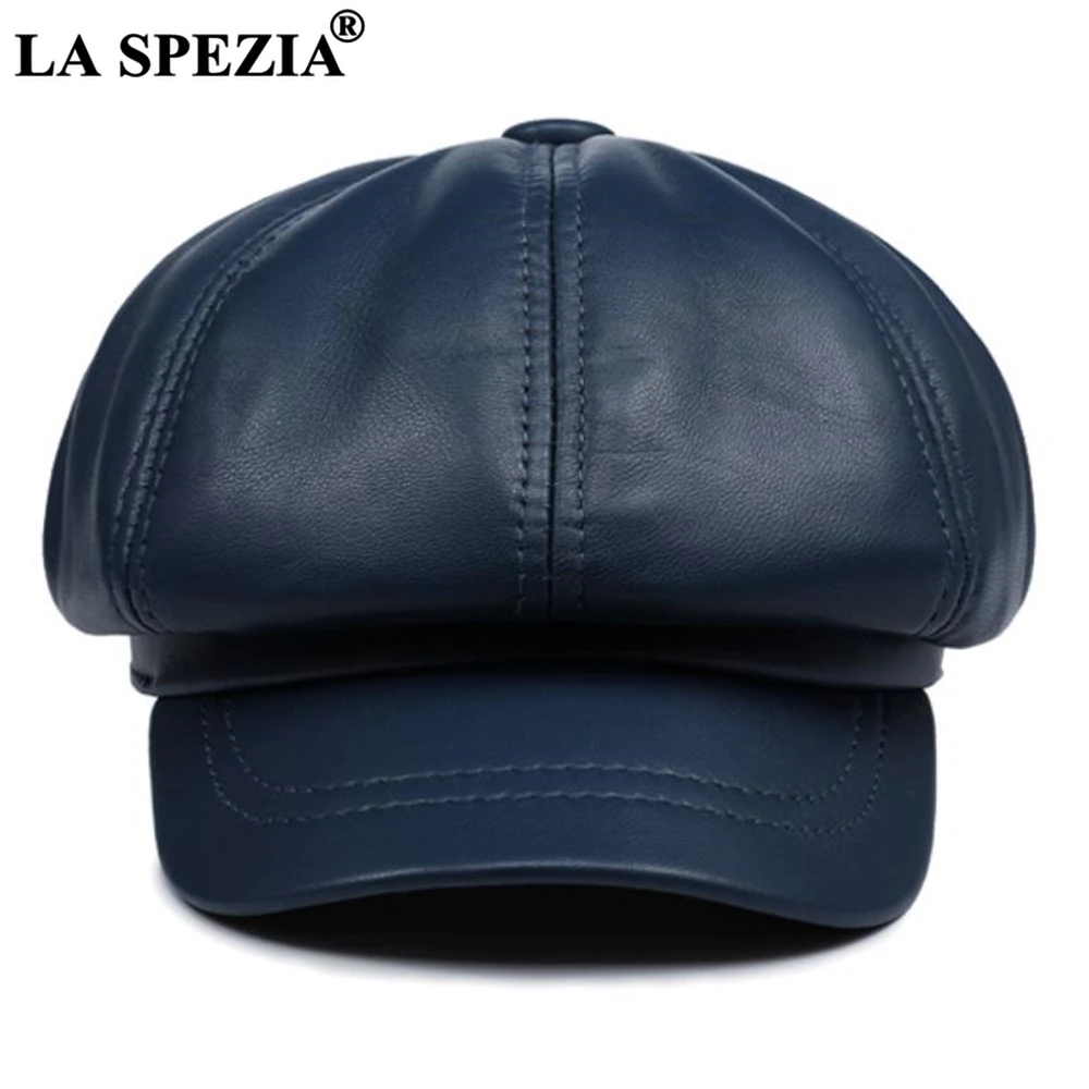 LA SPEZIA Real Leather Newsboy Cap Women Solid Baker Boy Cap Red Black Blue Pink Vintage Brand Ladies Winter Octagonal Cap