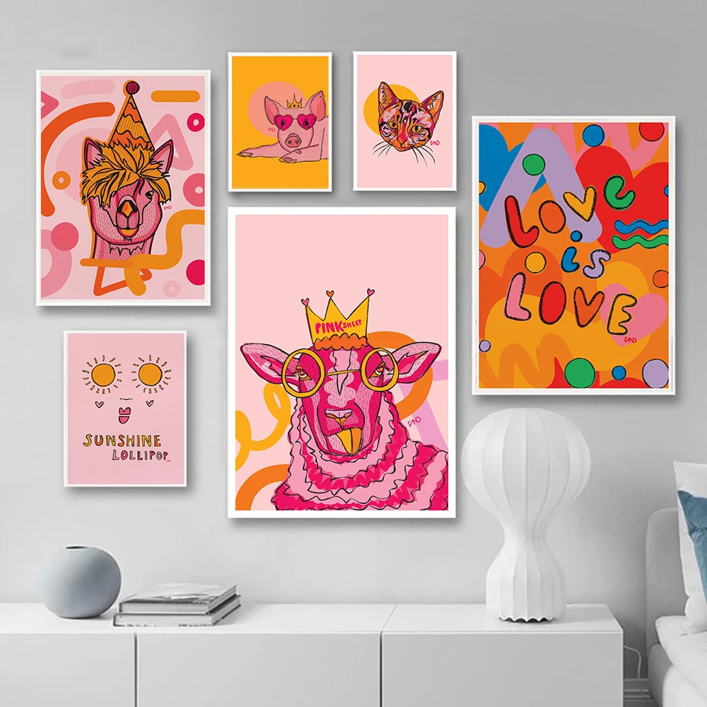 Colorful Canvas Party Alpaca Pig Sheep Art Print - Funny Octopus Worms Poster with Sunshine Pride Design Ideal Kid Room Decor