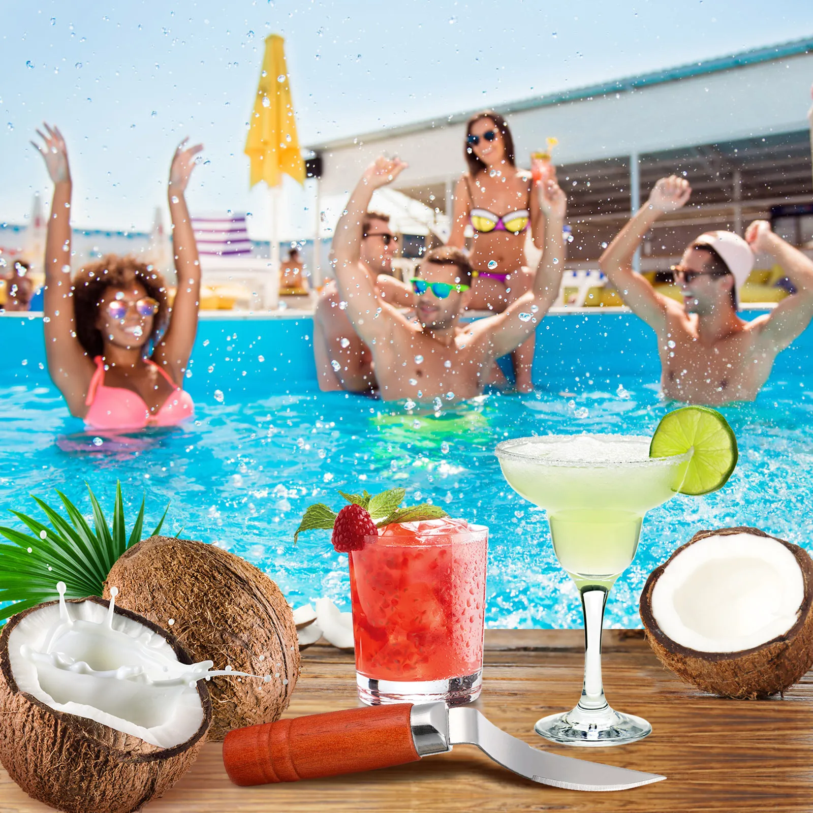 

Stainless Steel Coconut Opener Tool Wooden Handle Non-Slip Grip for Easy Young Coconut Hole Making Meat Removal Kitchen