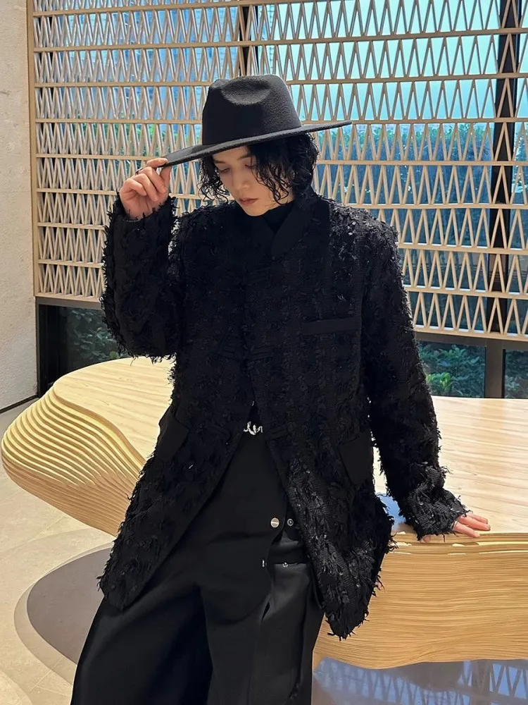 Mens Tassels Suit Jacket New Chinese Style Vintage Long Sleeve Stand Collar Spring Autumn Casual Black Blazers Design Outerwear