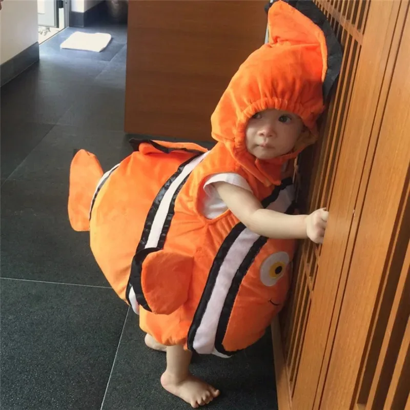 Finding Nemo Clownfish Cospaly Costume Jumpsuit Hooded Set Carnival Theme Party Role Playing Outfits for 3-8 Years Old Unisex