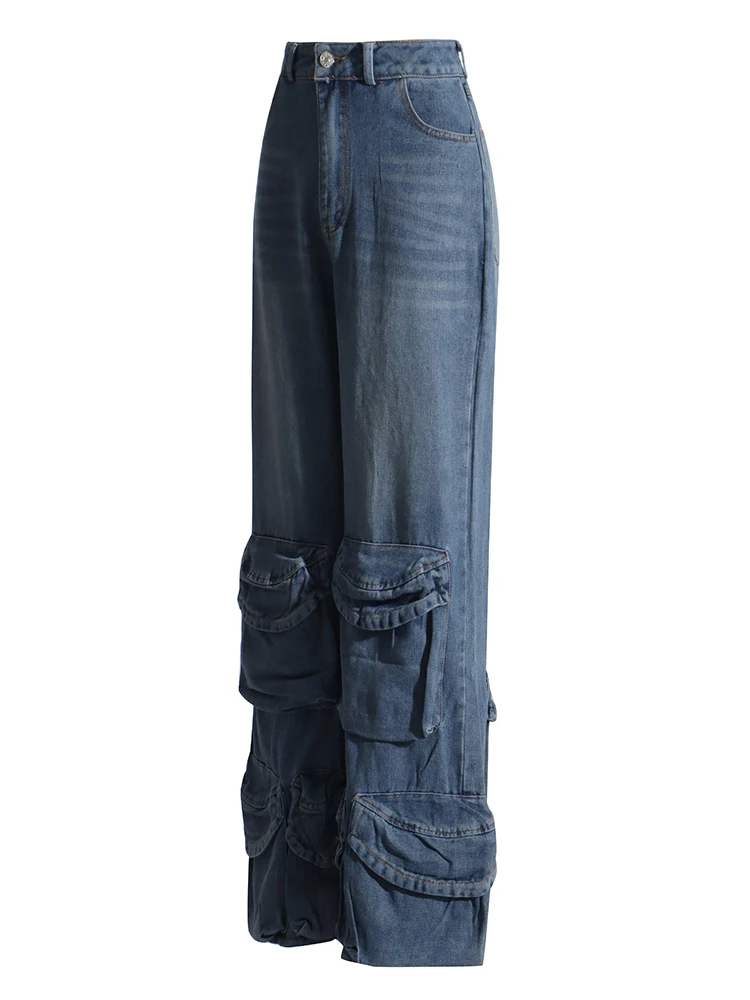 Pantalones Cargo de mezclilla para mujer, ropa de calle de cintura alta, bolsillos de retazos, pantalones sueltos de Color impactante, pantalones largos de pierna ancha, moda femenina