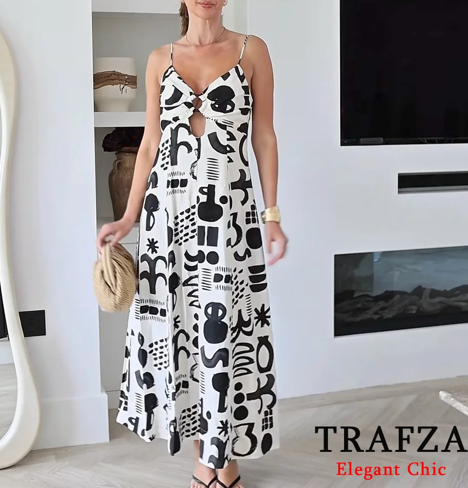 

TRAFZA Elegant Printed Suspender Long Dress Women's Romantic Hollow-Out Midi Dress Fashion 2025 Summer Casual Holidays Dress