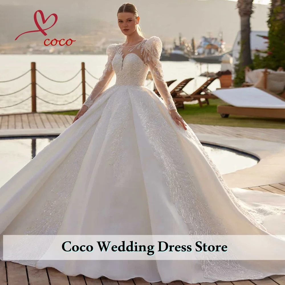 Customized Luxury Ball Gown Wedding Dresses Puffy Sleeves Beaded Lace Bridal Gowns with Chapel Train Vestido De Novia