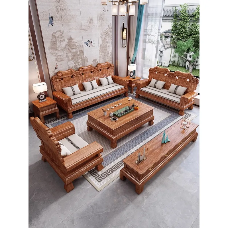 Rosewood solid wood sofa combination living room Chinese antique carved logs winter and summer dual-purpose pineapple grid mahog