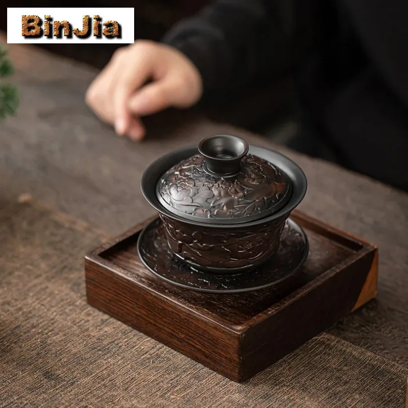 Handmade Qingxi Purple Pottery Gaiwan Stacking Carving Three Talent Tea Tureen Chinese Brewing Cover Bowl Services Gift Supplies