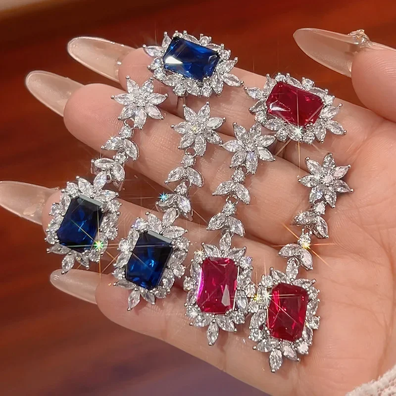 

Adjustable Ring Drop Earrings Rectangular Cut Red Gemstones with Sparkling CZ Floral Design Elegant Party Jewelry for Women Gift