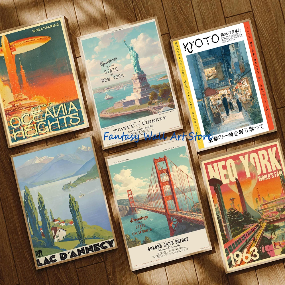 Vintage Travel Decor Retro Japanese New York France City Traveling Wall Art Vintage Fine Art Poster Canvas Painting Wall Picture