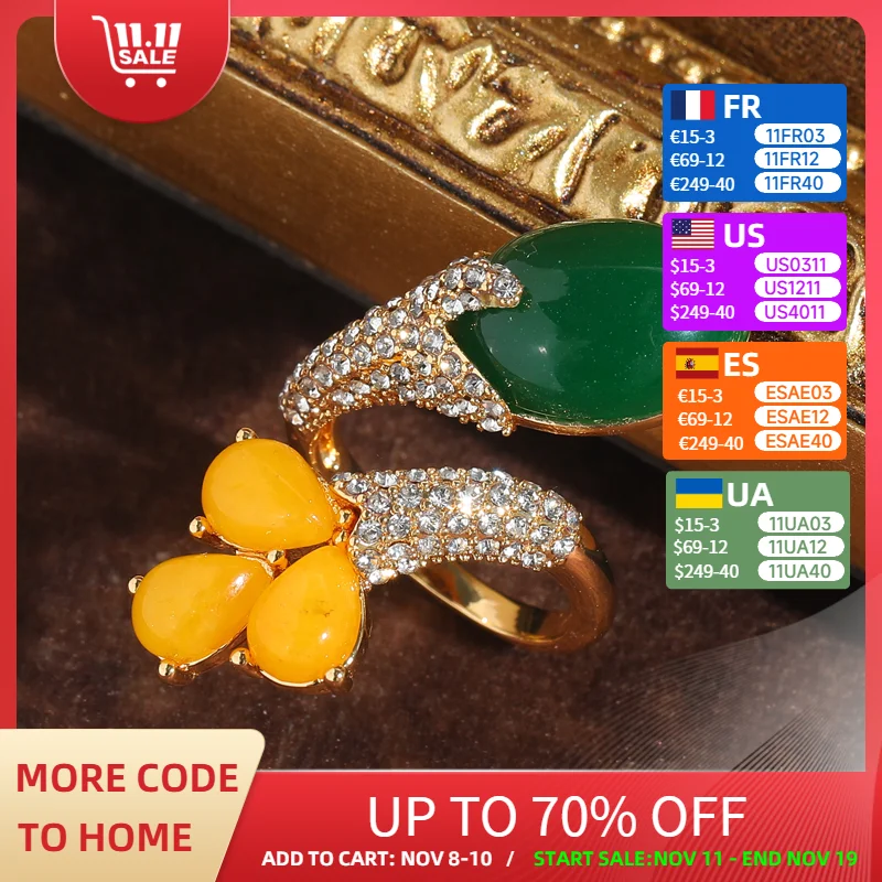 

Vintage Jewelry Rings Yellow Green Flower Stone For Woman Gold Color Accessories Luxury Designer Rhinestone High Quality Party