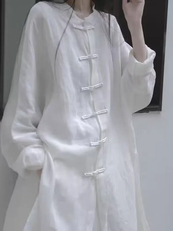 

Loose Fit Chinese Sle irt Thin White Large Size Women's Faionable Traditional Tea Ceremony Zen Han Chinese Long irt