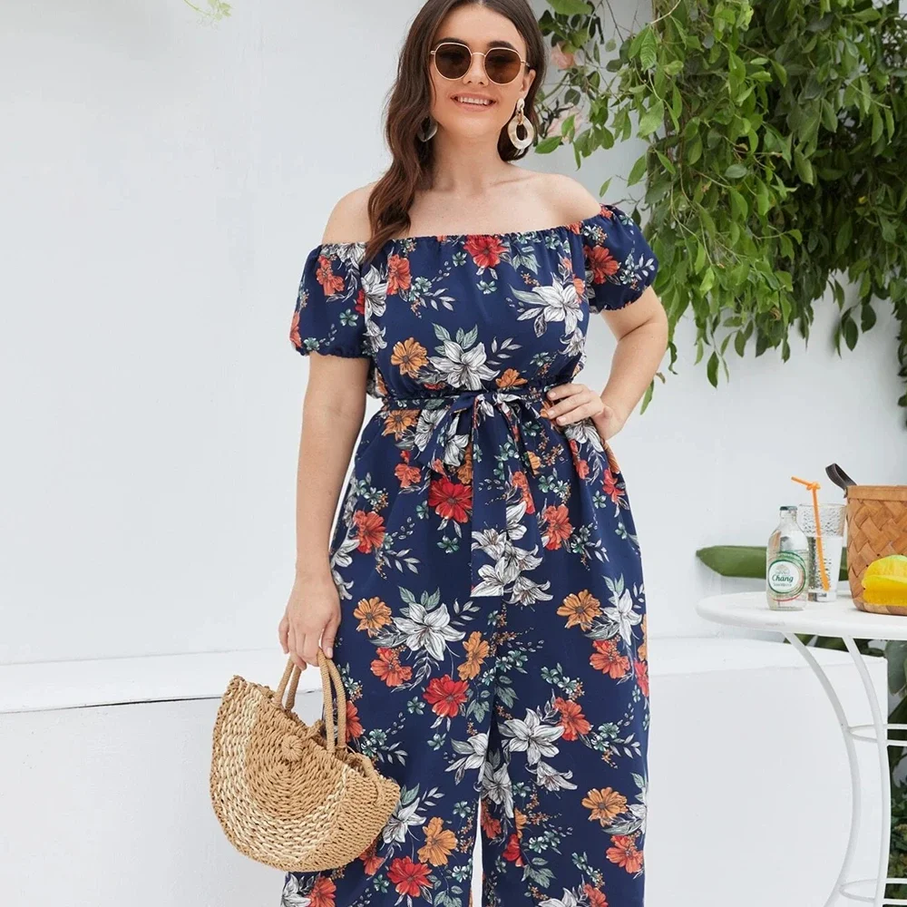 Plus Size Floral Print Elegant Summer Jumpsuits Women Slash Neck Short Sleeve Wide Leg Casual Boho Jumpsuits Large Size 6XL 7XL