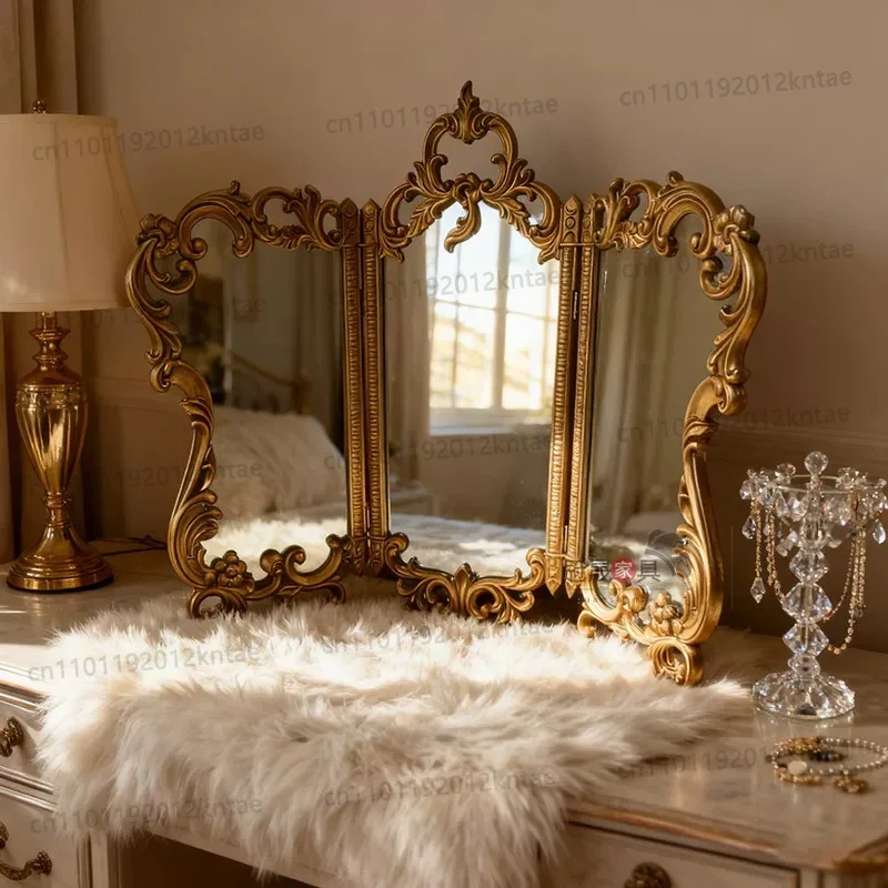 French retro makeup mirror European carved three-fold vanity mirror desktop folding delivery no mirror only frame